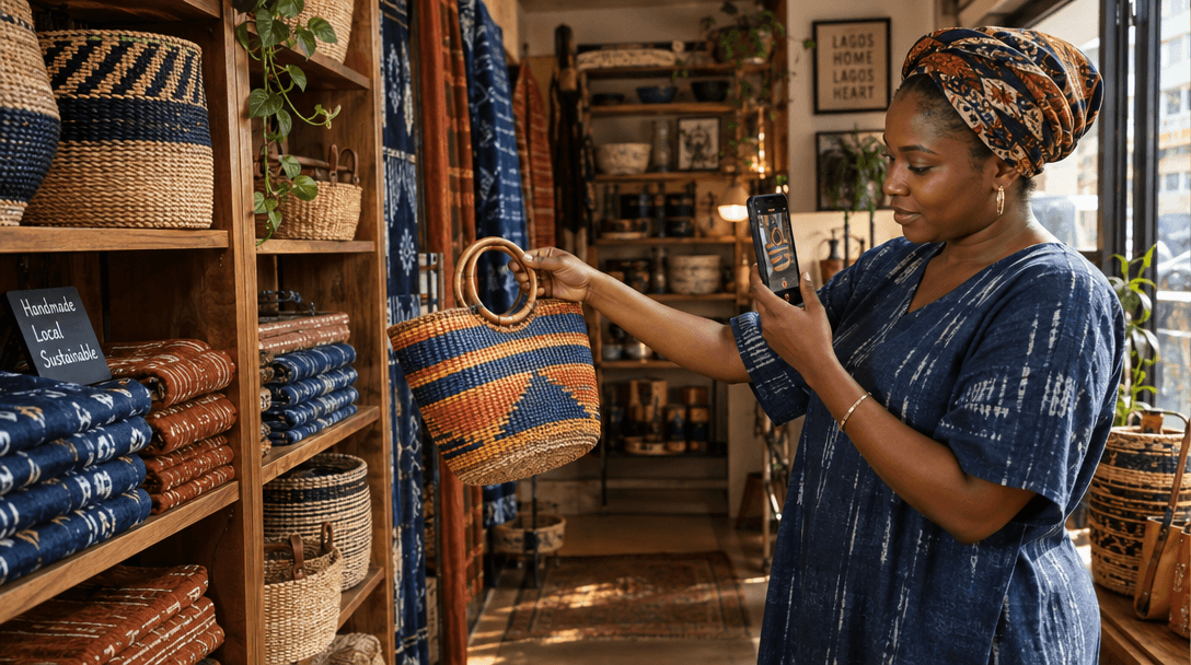 A shop owner films a woven bag on her phone in a homewares shop.